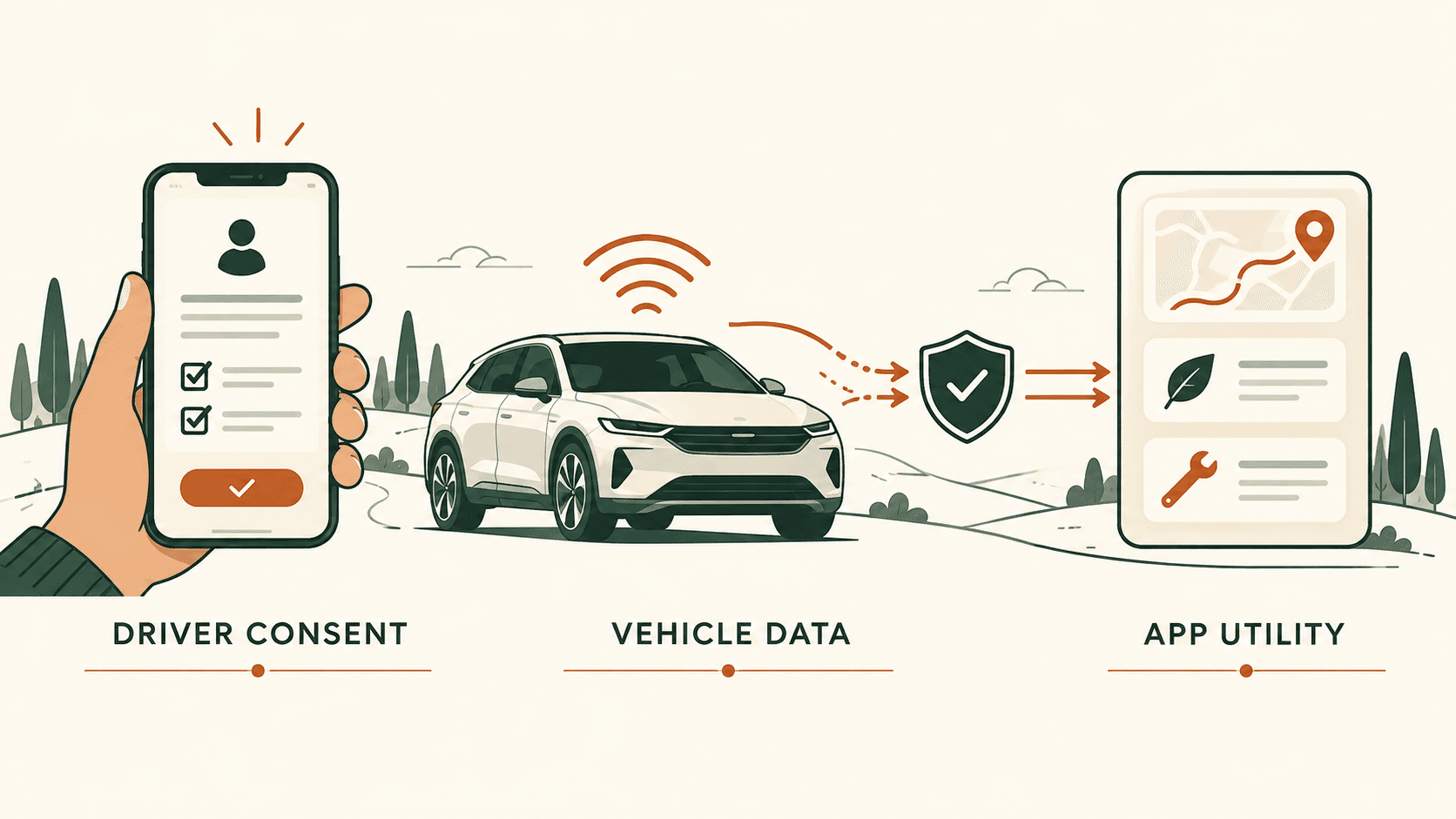 Driver consent flow from a connected vehicle to an application using vehicle data