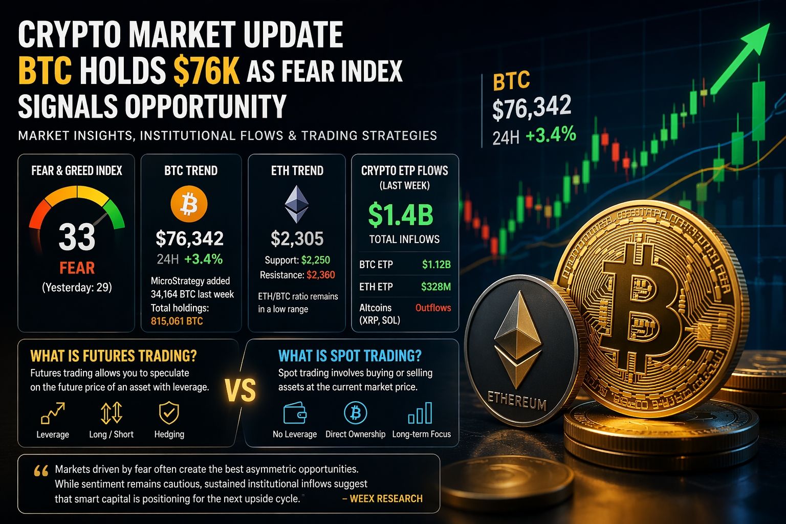Krypto-Markt-Update: Bitcoin hält 76.000 US-Dollar, da der Angstindex Chancen signalisiert – Was ist Futures- und Spot-Trading?